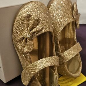 Girls Gold Glitter Mary Jane Shoes with Bow